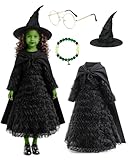 Witch Costume for Girls - Halloween Costume for Kids, Black Ruffled Witch Dress with Witch Hat, Cape, Glasses Cosplay Outfit