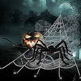 Halloween Spider Web and Giant Spiders Decorations Set Triangle Spider Web & Realistic Scary Fake Large Hairy Black Spider Props for Indoor/Outdoor Porch & Yard Parties Haunted House Halloween Décor