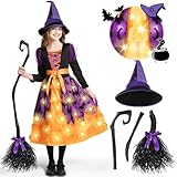 Spooktacular Creations Girls Light Up Bat Witch Tutu Costume, Toddlers Witch Dress with Hat and Broom for Kids Halloween Role Play Themed Parties, Purple Orange, S