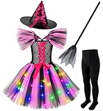 Girls Witch Costume - Rosered&Black Light Up Witch Costume Set for Girls Kids Halloween Dress Up with Broom & Hat & & Pantyhose 7-8 Years