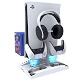 NexiGo Upgraded Vertical Stand with Cooling Fans for PS5 Disc & Digital Editions, Dual Controllers Charger, Built-in Game Storage and Headset Holder, 17 Game Rack Organizer, White